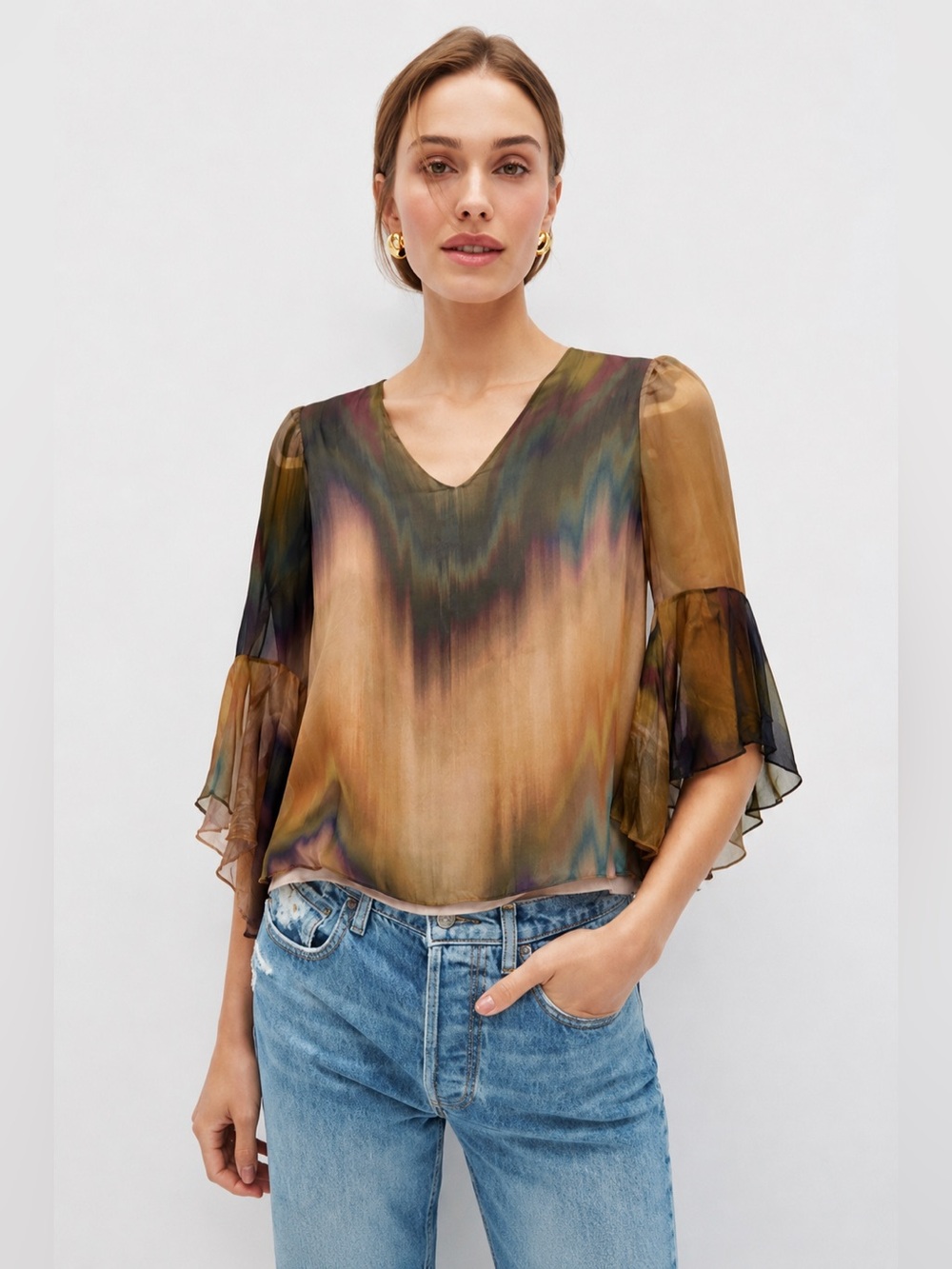 Lola and Sophie 100% Silk Watercolor Blouse Bell Flounce Sleeve Top Size XS 312